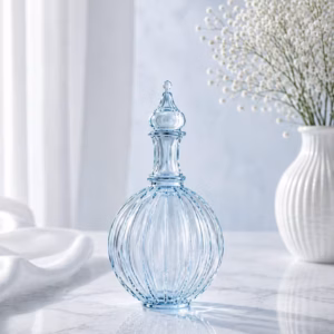 Blue Ribbed Glass Perfume Bottle with Finial Stopper