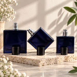 Sapphire Blue Square Glass Perfume Spray Bottle with Black Cap