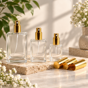 Square Transparent Glass Perfume Spray Bottle with Light Gold Sprayer